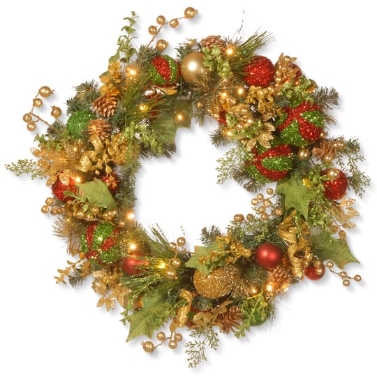 24&#x22; Ornament, Pinecone &#x26; Berry Wreath With Warm White LED Lights